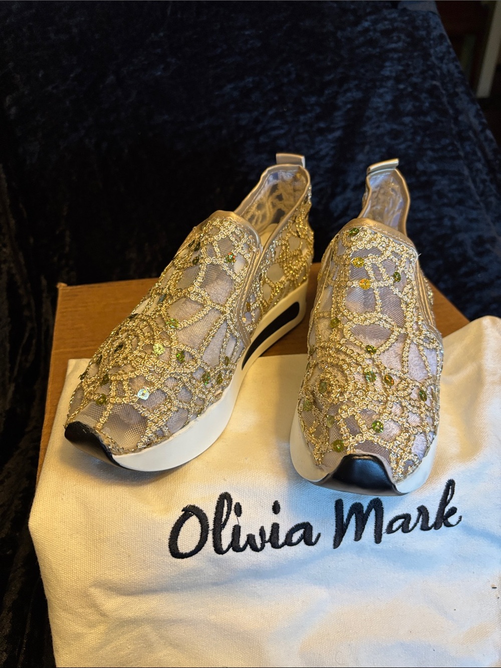 Olivia M Gold-Beaded Slip On Sneakers with White Sole